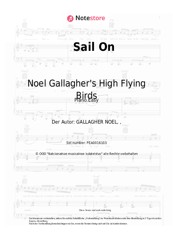 Einfache Noten Noel Gallagher's High Flying Birds - Sail On - Klavier.Einfach