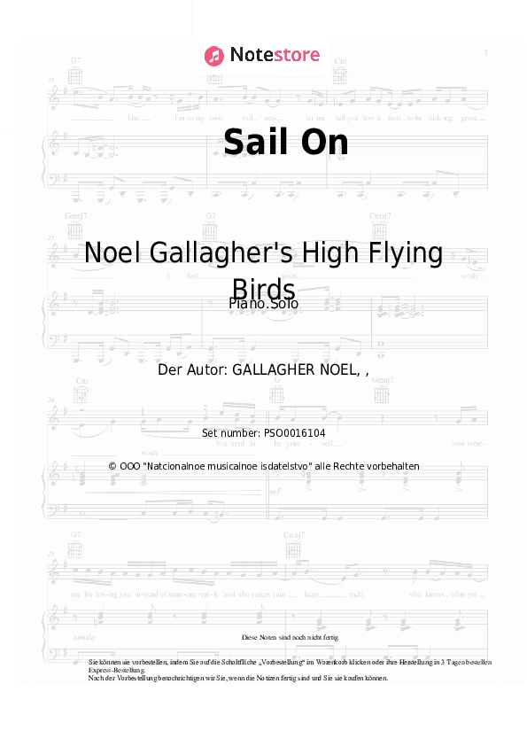 Noten Noel Gallagher's High Flying Birds - Sail On - Klavier.Solo