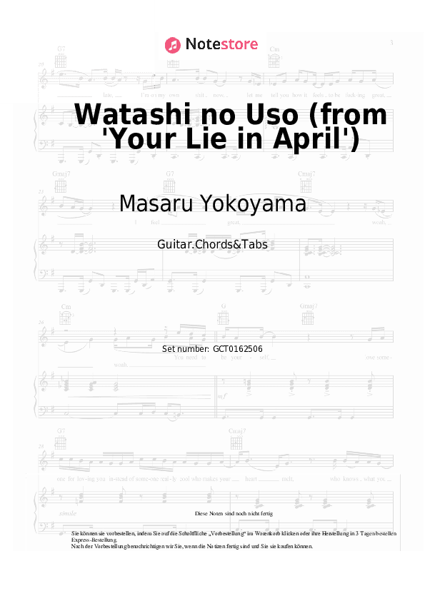 Akkorde Masaru Yokoyama - Watashi no Uso (from 'Your Lie in April') - Gitarren.Akkorde&Tabas