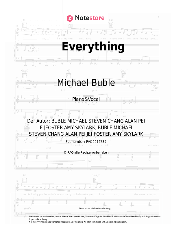 Noten mit Gesang Michael Buble - Everything - Klavier&Gesang
