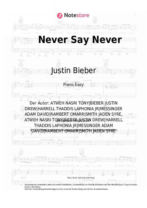 Einfache Noten Justin Bieber, Jaden Smith - Never Say Never - Klavier.Einfach