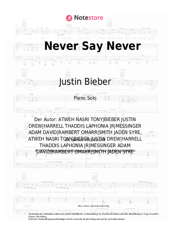 Noten Justin Bieber, Jaden Smith - Never Say Never - Klavier.Solo