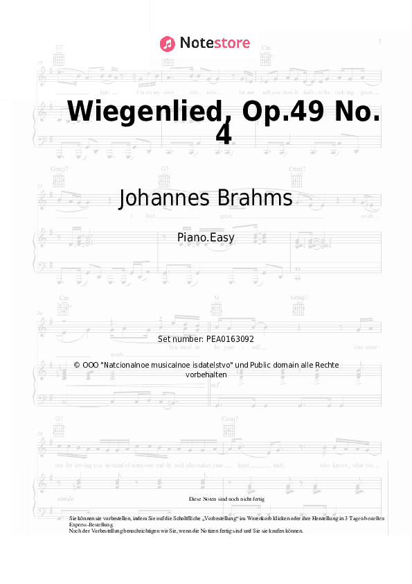 Einfache Noten Johannes Brahms - Wiegenlied, Op.49 No. 4 - Klavier.Einfach