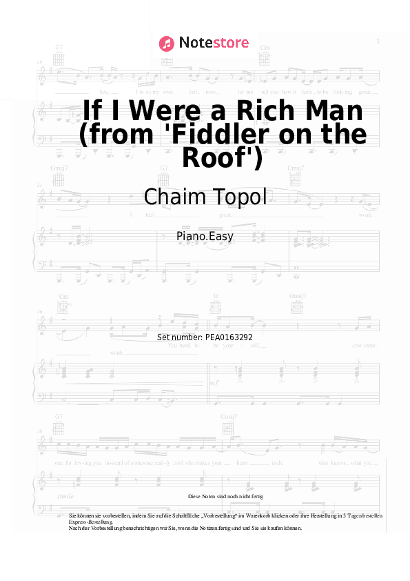 Einfache Noten Chaim Topol, Jerry Bock, Sheldon Harnick - If I Were a Rich Man (from 'Fiddler on the Roof') - Klavier.Einfach