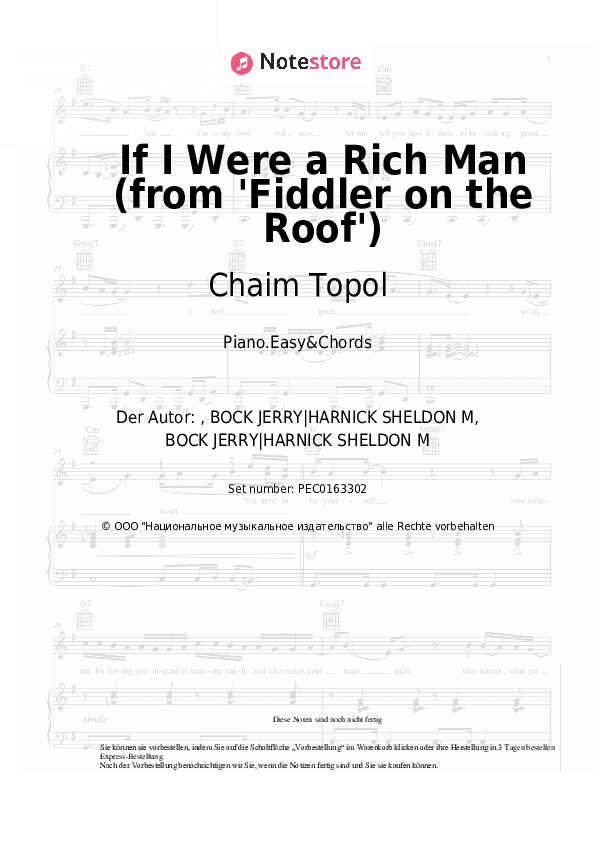 Einfache Noten und Akkorde Chaim Topol, Jerry Bock, Sheldon Harnick - If I Were a Rich Man (from 'Fiddler on the Roof') - Klavier.Einfach&Akkorde