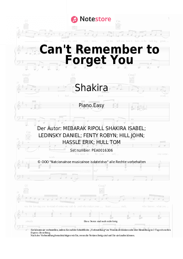 Einfache Noten Shakira, Rihanna - Can't Remember to Forget You - Klavier.Einfach