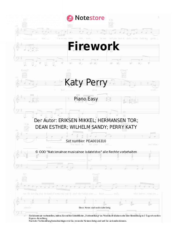 Einfache Noten Katy Perry - Firework - Klavier.Einfach
