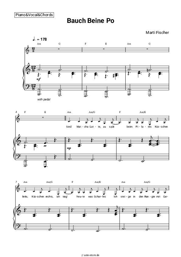 Noten und Akkorde Marti Fischer - Bauch Beine Po - Klavier&Gesang&Akkorde