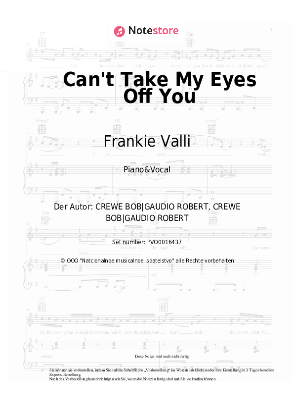 Noten mit Gesang Frankie Valli - Can't Take My Eyes Off You - Klavier&Gesang
