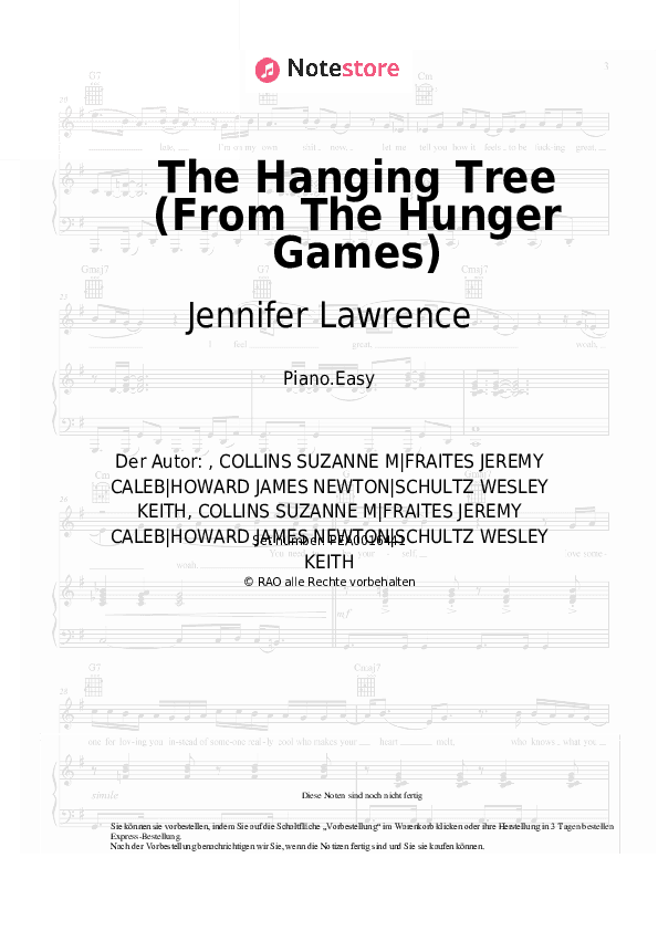 Einfache Noten Jennifer Lawrence, James Newton Howard - The Hanging Tree (From The Hunger Games) - Klavier.Einfach