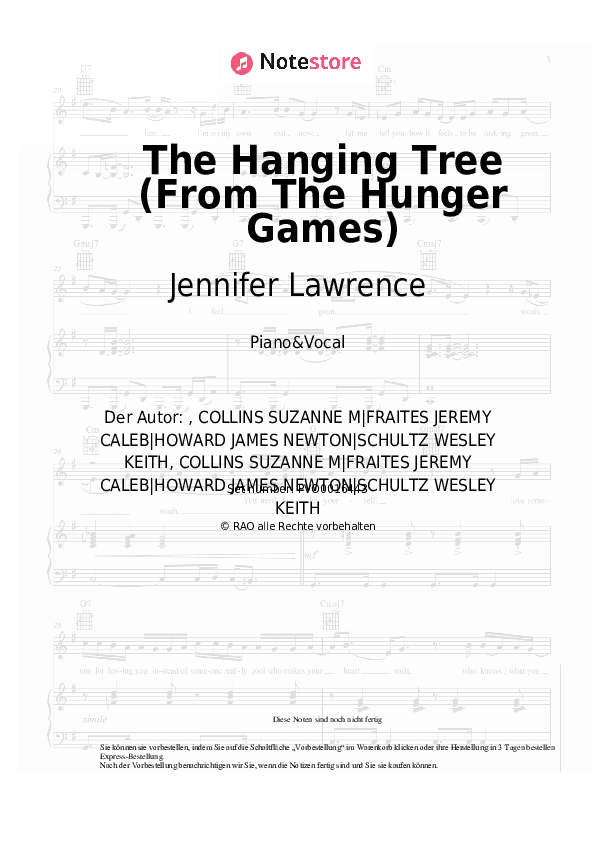 Noten mit Gesang Jennifer Lawrence, James Newton Howard - The Hanging Tree (From The Hunger Games) - Klavier&Gesang