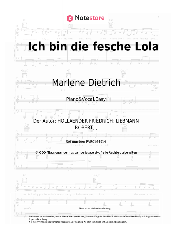 Einfache Noten Marlene Dietrich - Ich bin die fesche Lola (from 'The Blue Angel') - Klavier&Gesang.Einfach