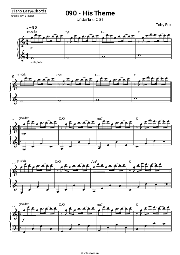 Einfache Noten und Akkorde Toby Fox - Undertale OST: 090 - His Theme - Klavier.Einfach&Akkorde
