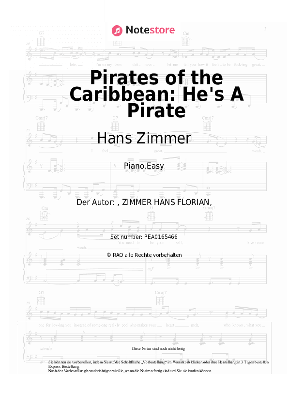 Einfache Noten Hans Zimmer - Pirates of the Caribbean: He's A Pirate - Klavier.Einfach