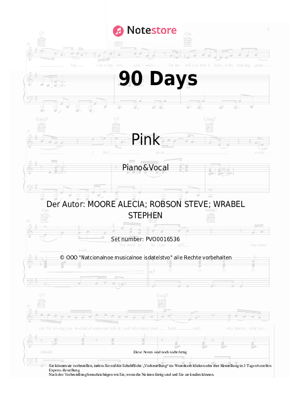 Noten mit Gesang Pink, Wrabel - 90 Days - Klavier&Gesang