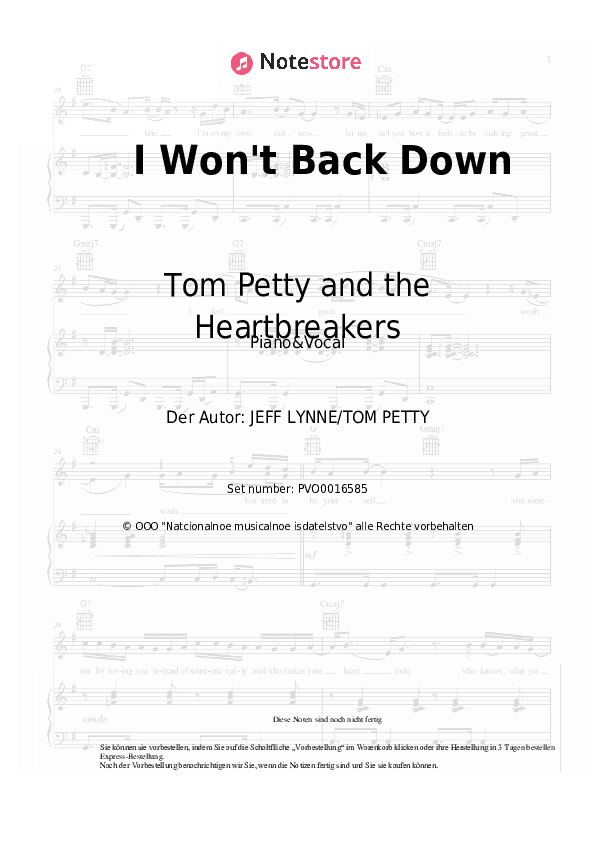 Noten mit Gesang Tom Petty and the Heartbreakers - I Won't Back Down - Klavier&Gesang