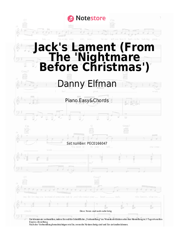 Einfache Noten und Akkorde Danny Elfman - Jack's Lament (From The 'Nightmare Before Christmas') - Klavier.Einfach&Akkorde