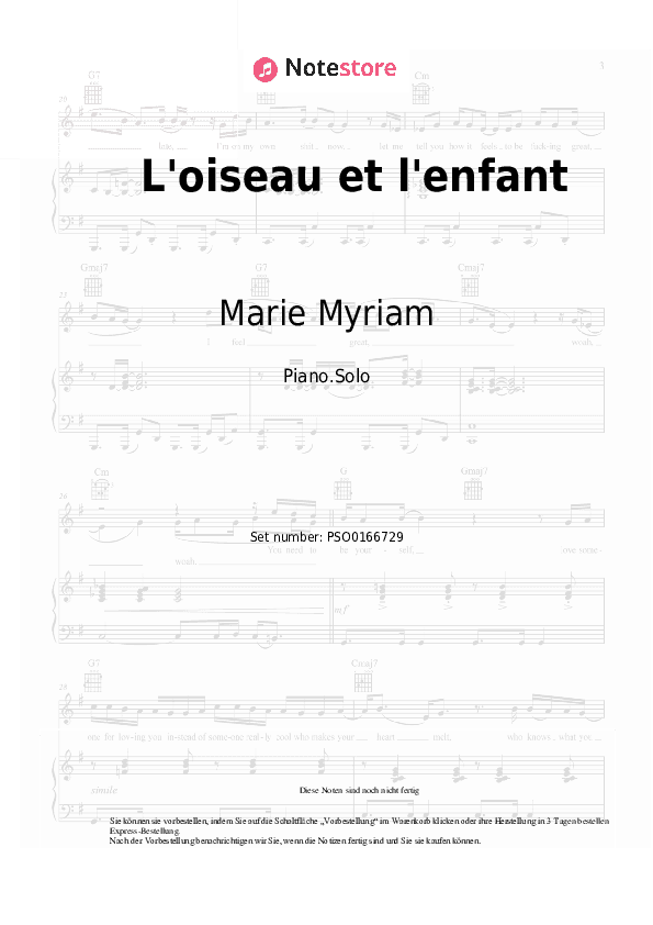 Noten Marie Myriam - L'oiseau et l'enfant - Klavier.Solo