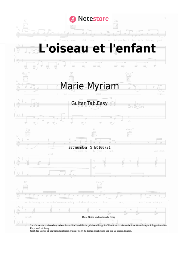 Einfache Tabs Marie Myriam - L'oiseau et l'enfant - Gitarre.Tabs.Easy