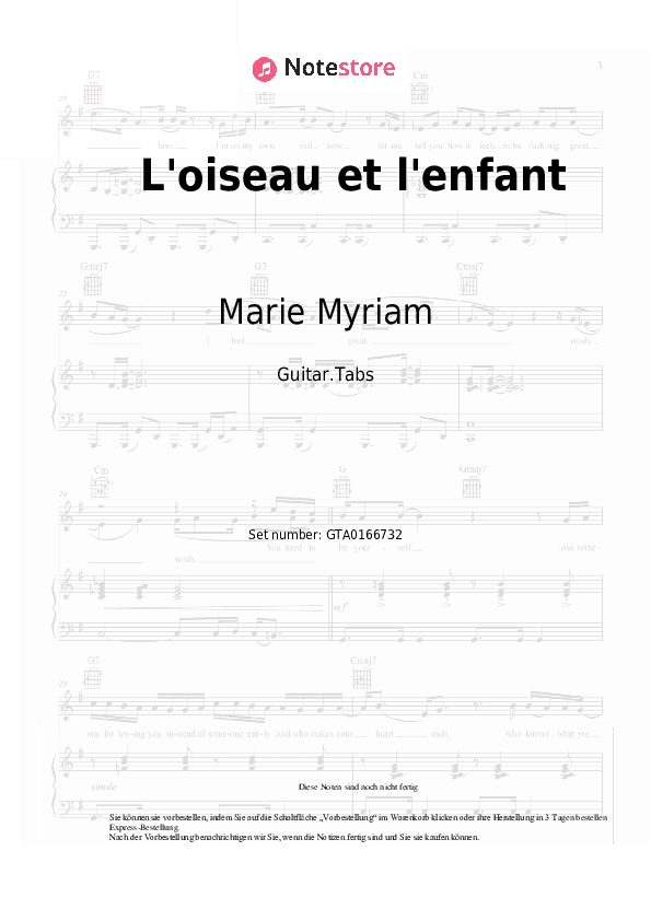 Tabs Marie Myriam - L'oiseau et l'enfant - Gitarre.Tabs