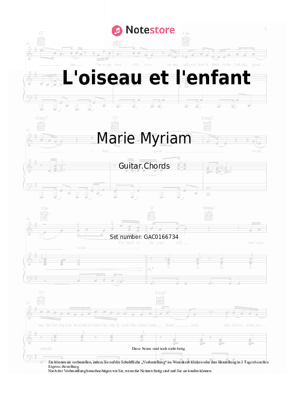 Akkorde Marie Myriam - L'oiseau et l'enfant - Gitarre.Akkorde