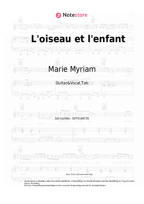 Akkorde und Gesang Marie Myriam - L'oiseau et l'enfant - Gitarre&Gesang.Tabs