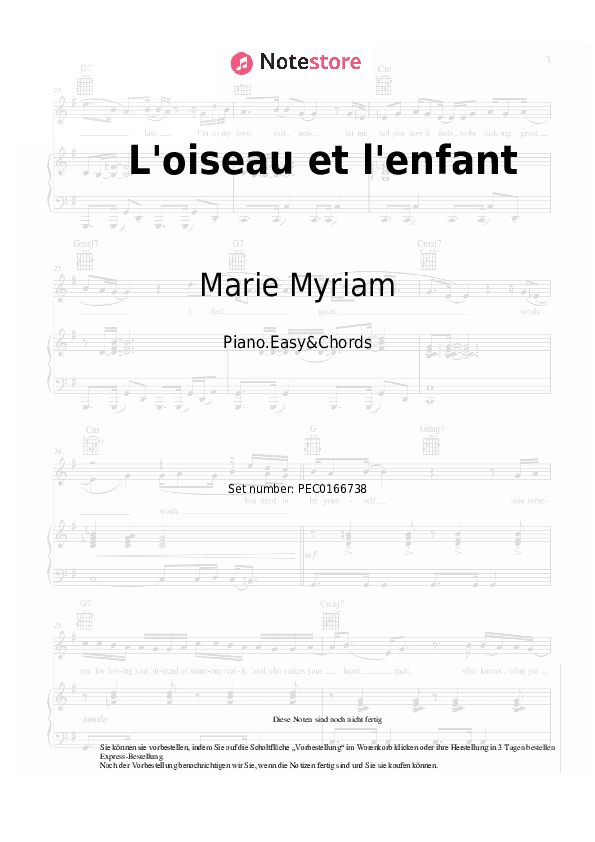 Einfache Noten und Akkorde Marie Myriam - L'oiseau et l'enfant - Klavier.Einfach&Akkorde