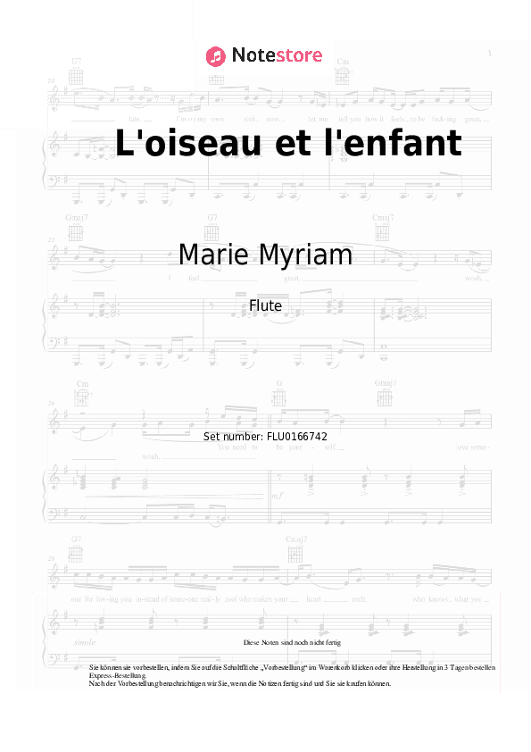 Noten Marie Myriam - L'oiseau et l'enfant - Flöte