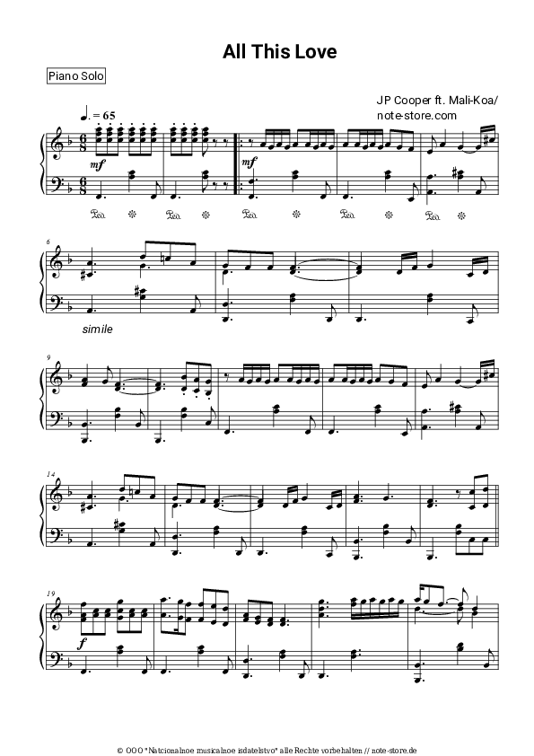 Noten JP Cooper - All This Love - Klavier.Solo