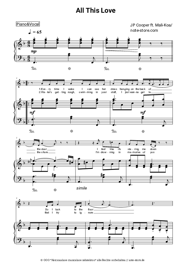 Noten mit Gesang JP Cooper - All This Love - Klavier&Gesang