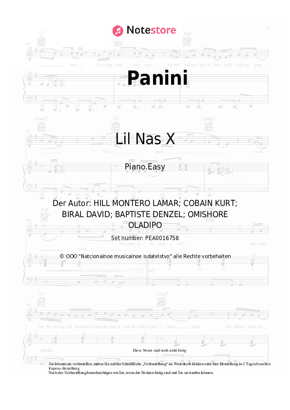 Einfache Noten Lil Nas X - Panini - Klavier.Einfach