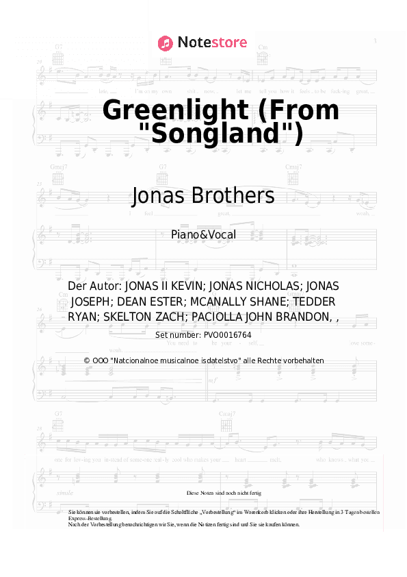 Noten mit Gesang Jonas Brothers - Greenlight (From Songland) - Klavier&Gesang