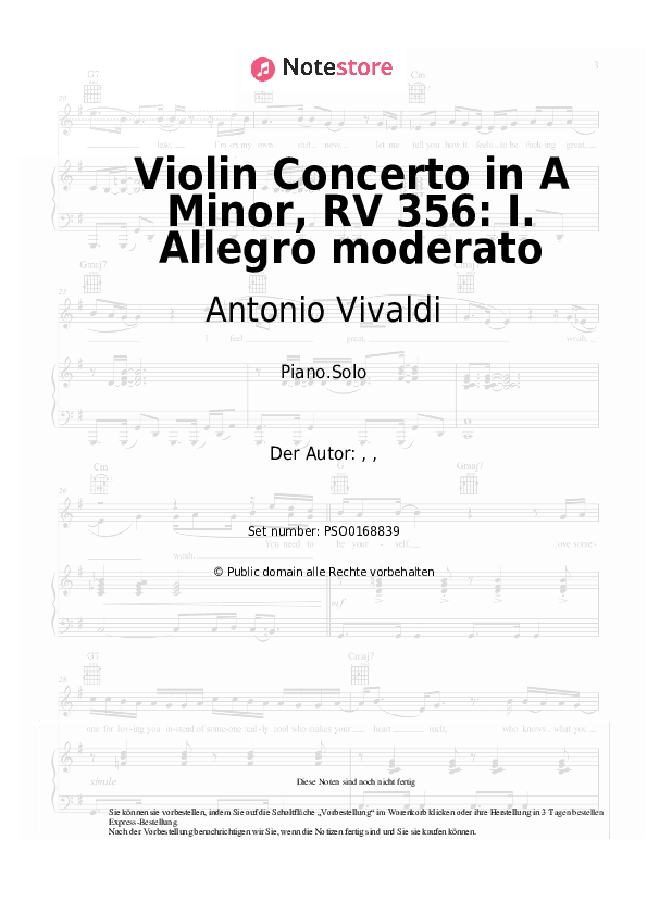 Noten Antonio Vivaldi - Violin Concerto in A Minor, RV 356: I. Allegro moderato - Klavier.Solo