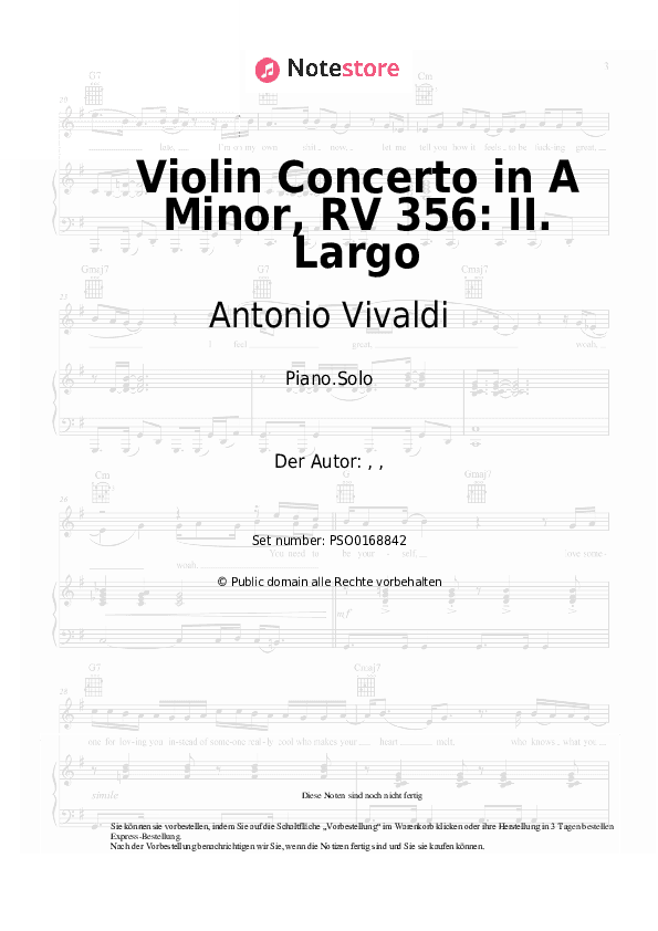 Noten Antonio Vivaldi - Violin Concerto in A Minor, RV 356: II. Largo - Klavier.Solo