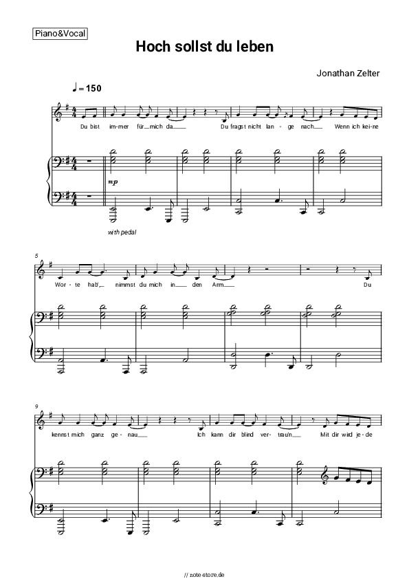Noten mit Gesang Jonathan Zelter - Hoch sollst du leben - Klavier&Gesang