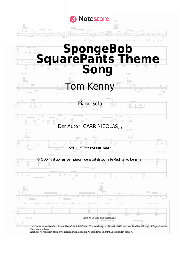 Noten Tom Kenny - SpongeBob SquarePants Theme Song - Klavier.Solo