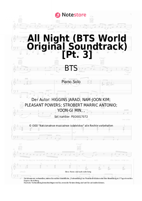 Noten BTS, Juice WRLD - All Night (BTS World Original Soundtrack) [Pt. 3] - Klavier.Solo