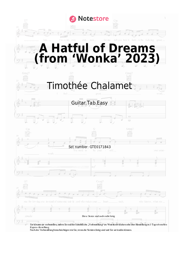 Einfache Tabs Timothée Chalamet, The Cast of Wonka - A Hatful of Dreams (from ‘Wonka’ 2023) - Gitarre.Tabs.Easy