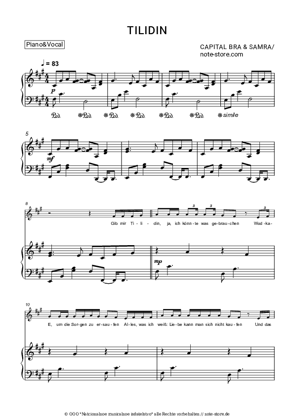 Noten mit Gesang Capital Bra, Samra - Tilidin - Klavier&Gesang