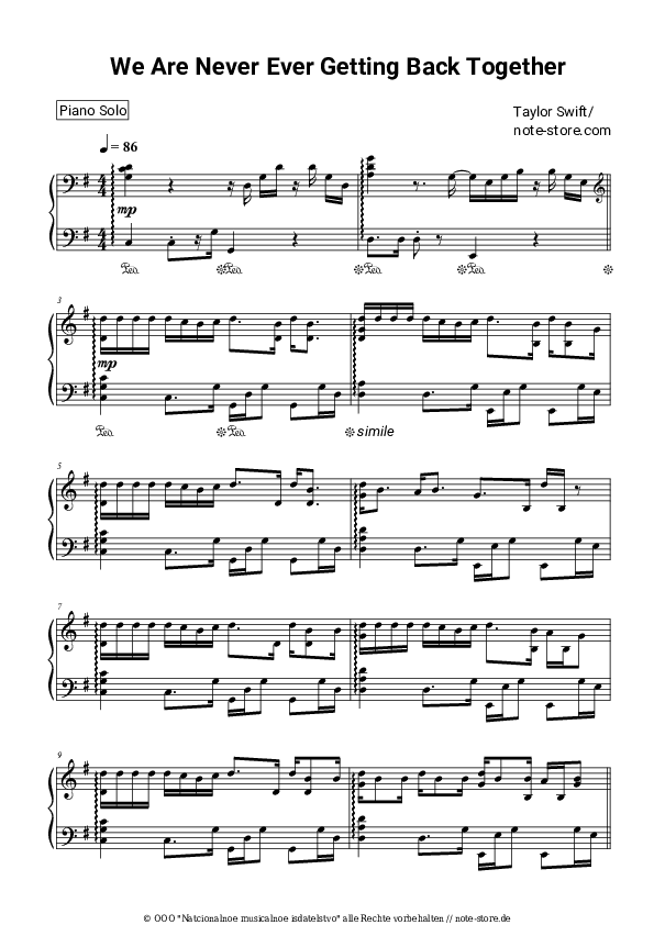 Noten Taylor Swift - We Are Never Ever Getting Back Together - Klavier.Solo