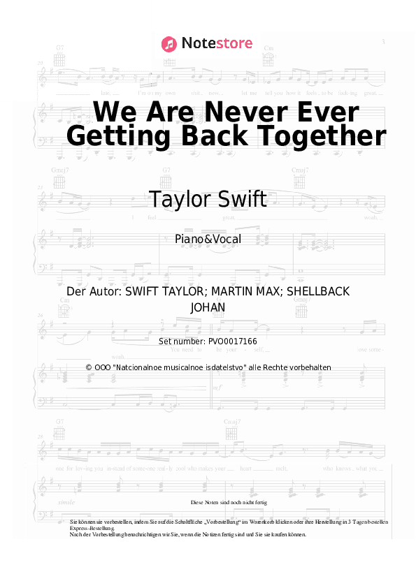 Noten mit Gesang Taylor Swift - We Are Never Ever Getting Back Together - Klavier&Gesang