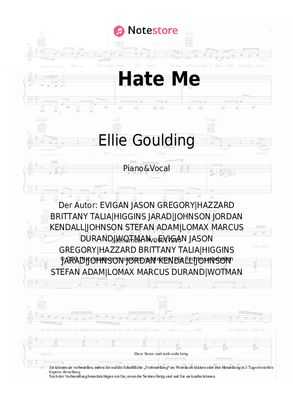 Noten mit Gesang Ellie Goulding, Juice WRLD - Hate Me - Klavier&Gesang