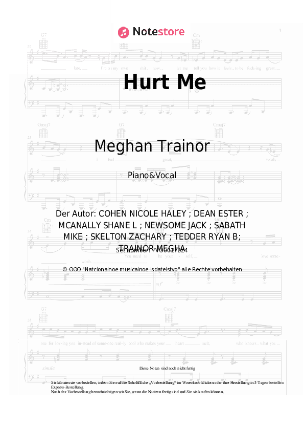 Noten mit Gesang Meghan Trainor - Hurt Me - Klavier&Gesang