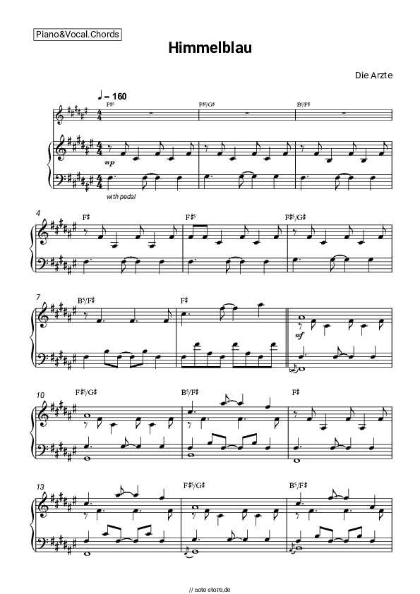 Noten und Akkorde Die Arzte - Himmelblau - Klavier&Gesang&Akkorde