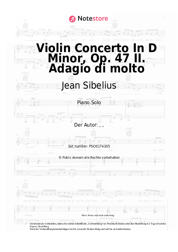 Noten Jean Sibelius - Violin Concerto In D Minor, Op. 47 II. Adagio di molto - Klavier.Solo