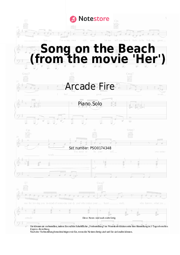Noten Arcade Fire - Song on the Beach (from the movie 'Her') - Klavier.Solo