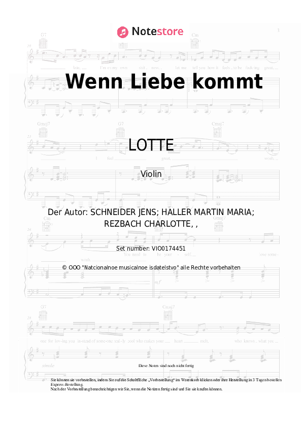 Noten LOTTE - Wenn Liebe kommt - Violine