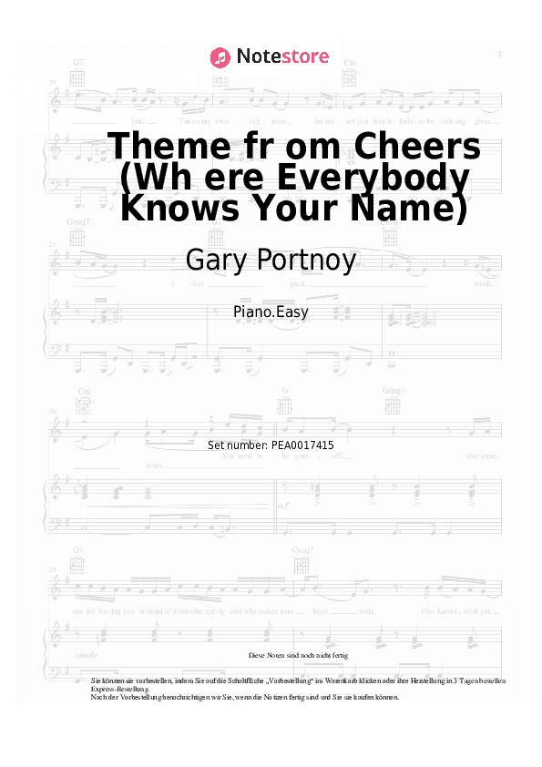 Einfache Noten Gary Portnoy - Theme from Cheers (Wh ere Everybody Knows Your Name) - Klavier.Einfach