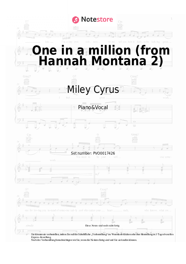 Noten mit Gesang Miley Cyrus - One in a million (from Hannah Montana 2) - Klavier&Gesang