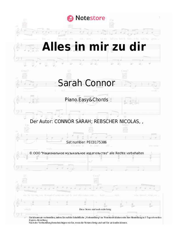 Einfache Noten und Akkorde Sarah Connor - Alles in mir will zu Dir - Klavier.Einfach&Akkorde